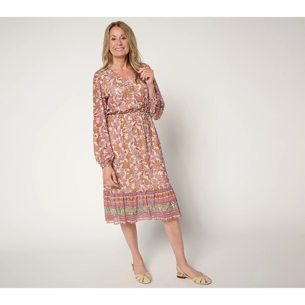 Denim & Co. Canyon Retreat Printed Long Sleeve Midi Dress Oatmeal, M   #826G